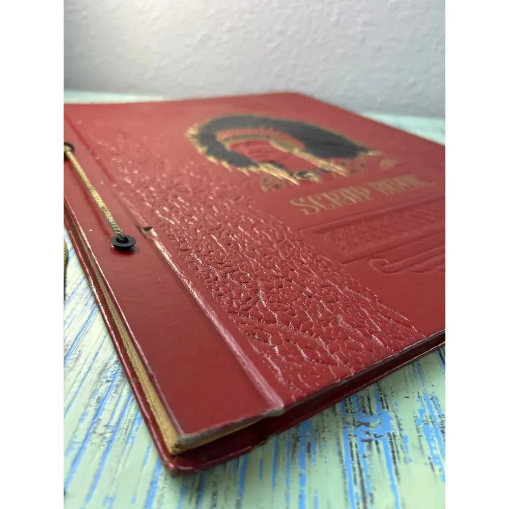 Vintage 1940s Embossed Native American Chief Scrapbook Red Faux Leather Album